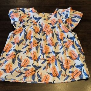 Floral Ruffle Sleeve Top - White with Orange & Blue